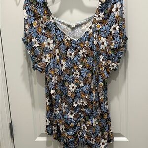 Floral Print Women's Top - Blue and Brown